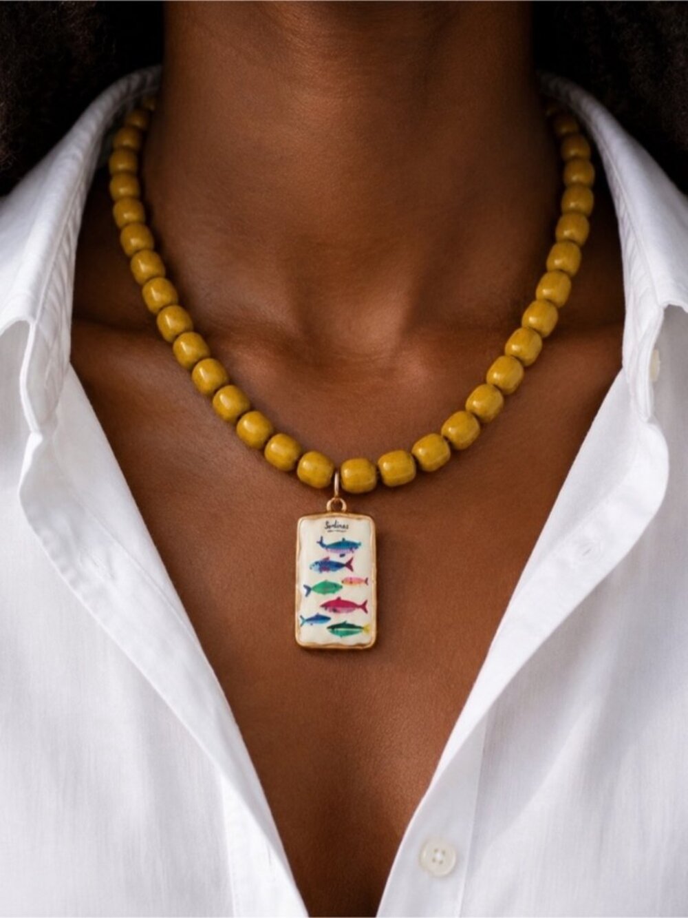 Coastal Yellow Ceramic Beaded Sardines Charm Dopamine Necklace